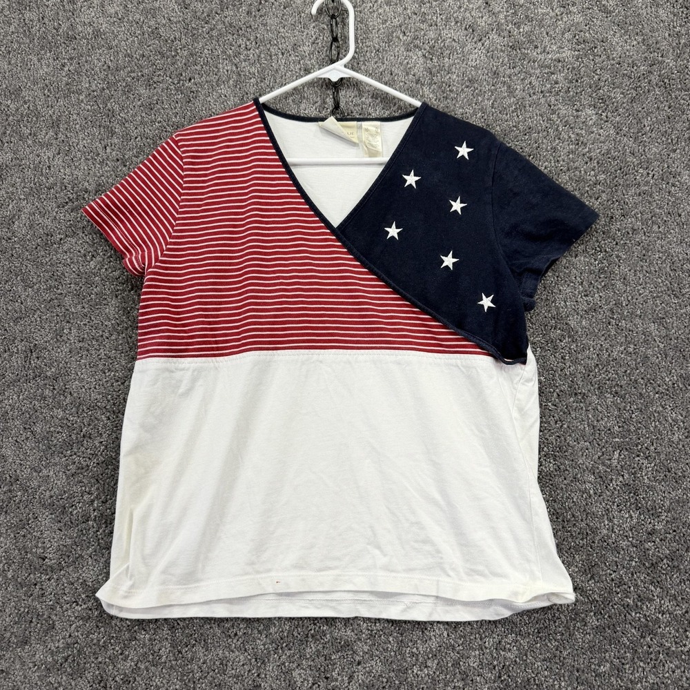 First Issue Shirt Womens XL Multicolor USA Flag V Neck Stars Stripes Tee